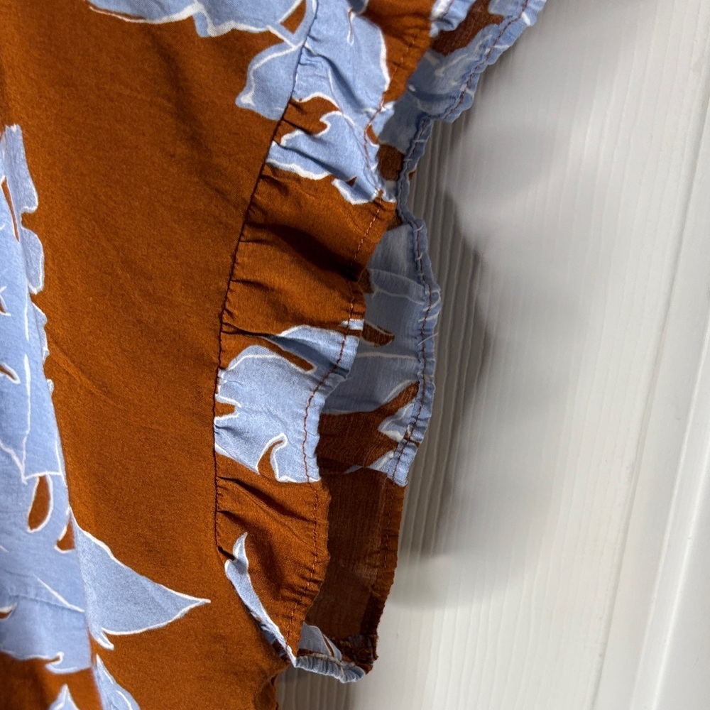 Pleione Hawaiian Crinkle Sleeve Shirt Rust Floral Blue Plumeria Print Top 3X - Picture 5 of 7